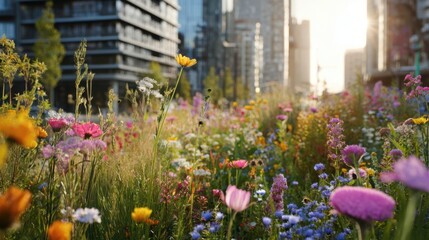 Urban wildflower garden in modern cityscape with vibrant blooms attracting bees during golden hour sunlight, showcasing biodiversity and sustainability