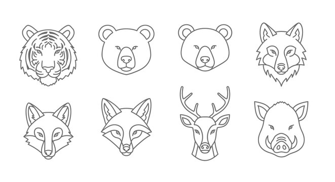 vect (12) illustration of various wild animal heads in outline style on white background