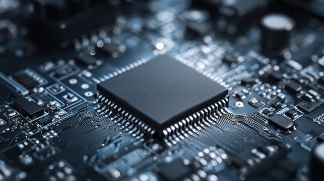 Close up view of a computer processor chip on a circuit board