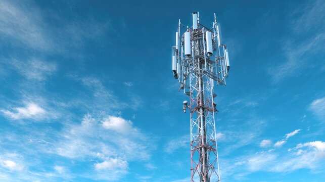 Telecommunication tower against blue sky with white clouds