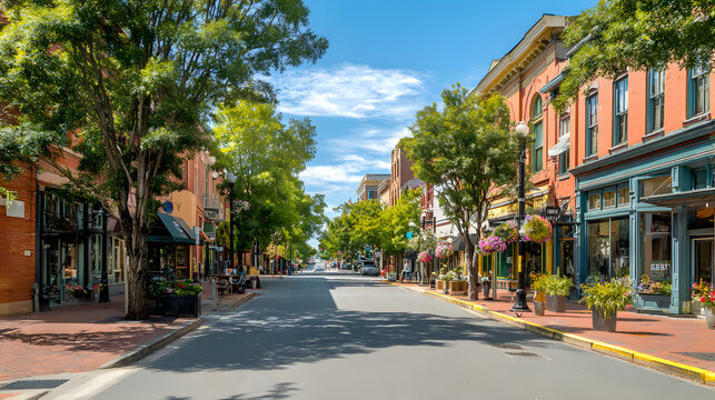 Classic and Contemporary American Streetscape in Mid-Sized Town with Trees, Shops, and Charming Architecture