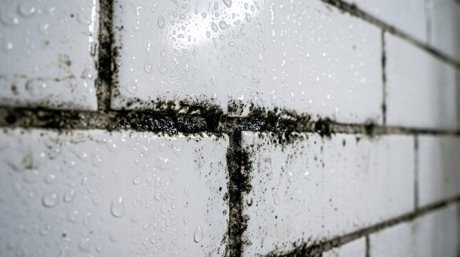 Water droplets covering mold spots on ceiling paint black mold in tile grout, a detailed texture for home maintenance warnings.