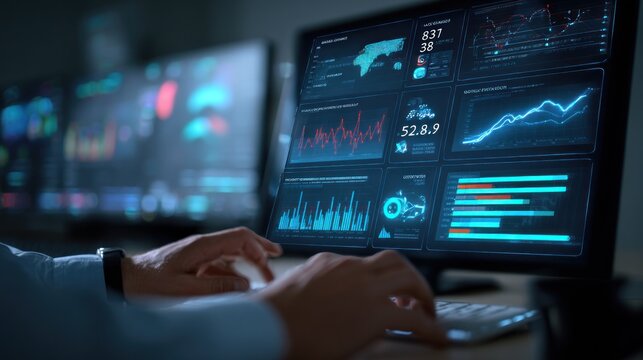 Data analyst working with charts and graphs on computer monitor screen