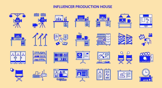 Influencer Production House Icons: Studio Setup, Desk, Camera, Microphone, Presentation