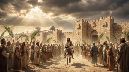 Naklejka premium Jesus Christ riding donkey entering Jerusalem during Palm Sunday. Crowd with palm branch welcoming messiah. Biblical scene of religious entry into city. Christian holiday celebration event.