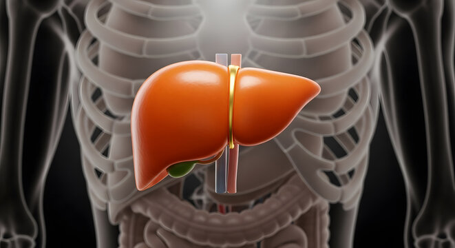Detailed three dimensional model of a healthy human liver and gallbladder inside the body with skeletal overlay