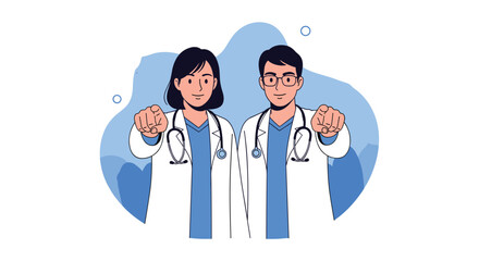 Obraz premium Team of male and female doctors in white lab coats point their fingers forward at the camera for health awareness.