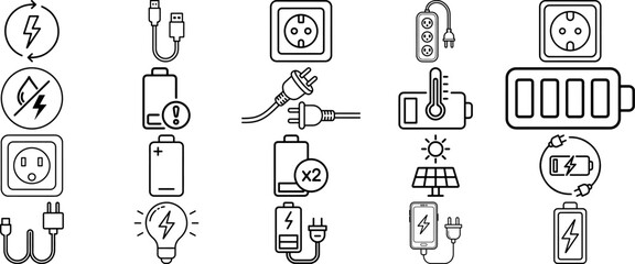 Fototapeta premium Collection of electricity and battery icons representing power charging and energy concepts for web and app design isolated on white background