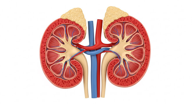 Detailed three dimensional rendering of a human kidney cross section showing internal anatomy and structures