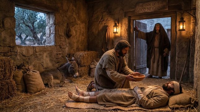 Jesus Christ caring for an injured man in a stable. Biblical depiction of the parable of the good Samaritan. Ancient scene of compassion, healing, charity and faith in humanity.