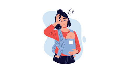 Obraz premium Exhausted young mother carries her baby in a carrier sling while experiencing stress and a headache during a busy day.