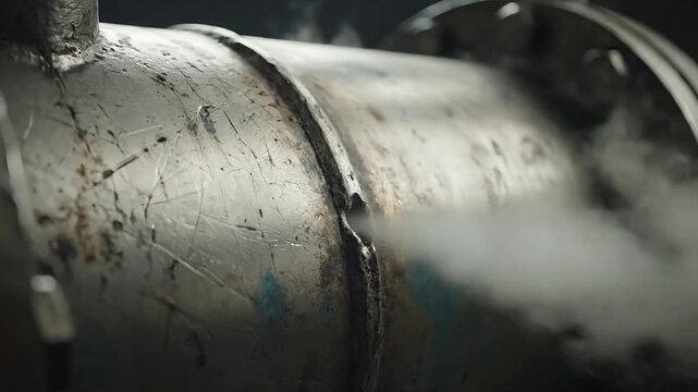 Extreme Close-Up of Damaged Industrial Pipe with Crack and Leaking White Steam - Detailed View of Corroded Metal Pipeline Failure