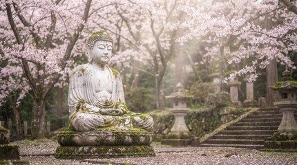 Fototapeta premium Buddha statue sitting in lotus position under cherry tree blossom. Zen garden landscape with stone lantern. Spiritual meditation and calm atmosphere in peaceful Japanese temple setting.