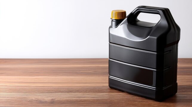 Black plastic canister of motor oil on a black table with space for text and white background for new academy title