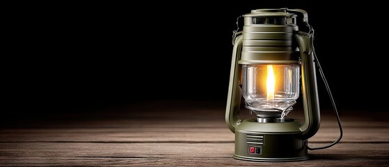 Obraz premium Old green kerosene lantern on a wooden table with open flame and space for product display presentation of camping equipment