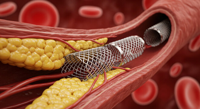 Detailed view of an artery with plaque buildup and multiple medical stents deployed to improve blood flow