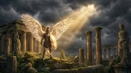 Naklejka premium Archangel Michael standing with armor and wings in ancient temple ruins. Warrior angel holding spear and shield under divine light. Spiritual religious scene of heavenly protector art.