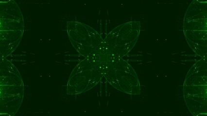 Symmetrical flower-shaped design glowing in bright green, geometric shapes on dark background, futuristic aesthetic for digital media, websites, biology, innovative designs, science, nature, pattern
