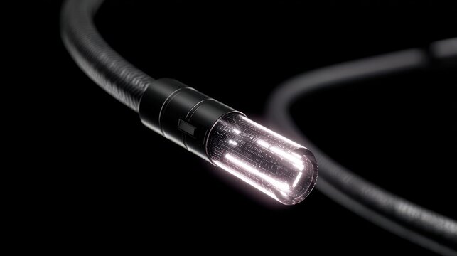 Close up of a glowing optical fiber cable against a black backdrop