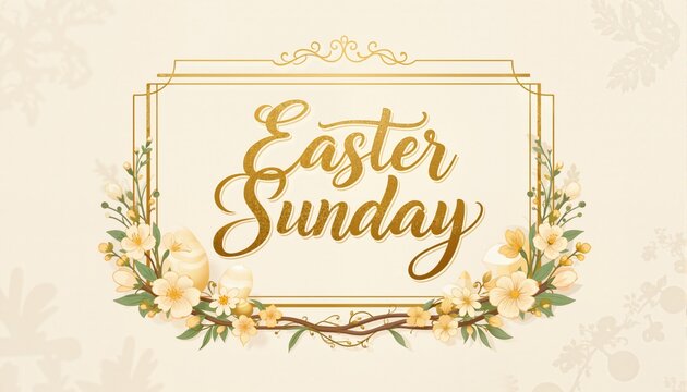 Easter Sunday, golden calligraphy in frame. Elegant inscription for Easter card or poster template. Christian typography banner. Vector illustration
