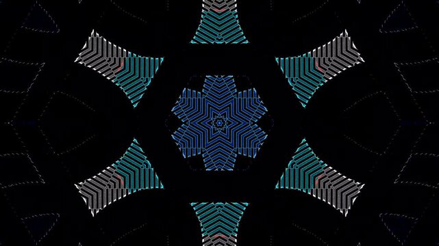 Symmetrical kaleidoscope motif with blue diamond shapes forming a glowing geometric pattern on a black background.	