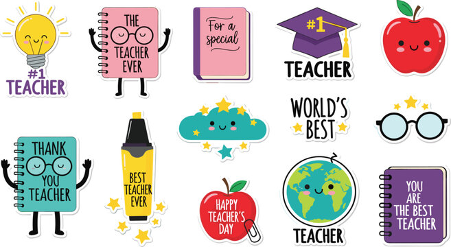 Teacher Appreciation Stickers, Cute and Colorful Design Featuring Apples, Books, and Messages for Teachers"