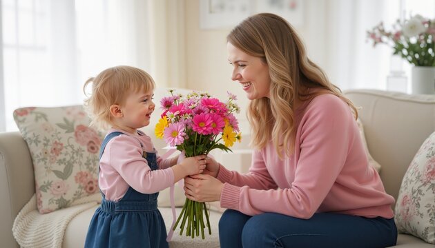 Toddler giving Mother flowers for Mothers Day
