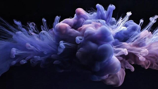 Abstract explosion of vibrant colored ink dissolving in water, creating ethereal, dynamic swirls and nebulae on a dark background, a mesmerizing visual effect