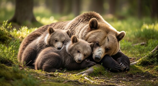 Mother bear and her cubs resting peacefully in the forest undergrowth