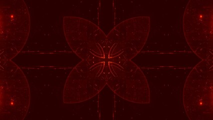 Symmetrisches blütenförmiges Design in dunklem rot, geometrische Formen auf dunklem Hintergrund,...