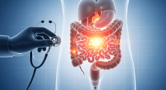 Doctors hand holding a stethoscope examining the human intestines with illuminated problem areas