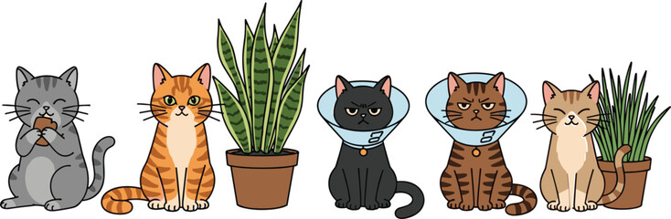 Cute Cats with Plants, Playful Cat Illustration Featuring Various Breeds and Indoor Plants" © MSTRazia