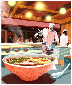 An interior of a Japanese Ramen restaurant 