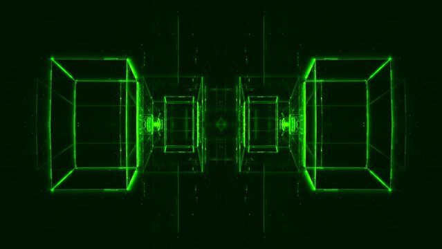 Futuristischer digitaler Raum - gr&uuml;n leuchtende Rechtecke in dynamischer Perspektive, virtuelle Realit&auml;t, unendliche M&ouml;glichkeiten, Zukunftsvision, Technologie, Vernetzung, Sci-Fiction, Forschung
