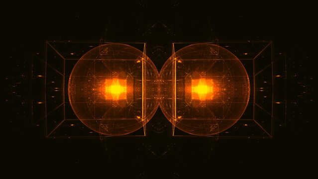 leuchtende symmetrische digitale Kugelformen in intensiv strahlendem Orange, feine Linien bilden  technisches Gittermuster, virtuell, Zukunftsvision, Technologie, Vernetzung, Sci-Fiction, Forschung