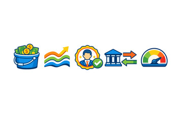A set of five colorful financial icons including a bucket of money, a rising growth chart, a verified professional profile, a bank transaction symbol, and a performance gauge on black. © Mark