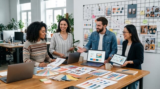 Creative team collaborating on brand design with laptops tablets color swatches and printed charts in bright modern office interior