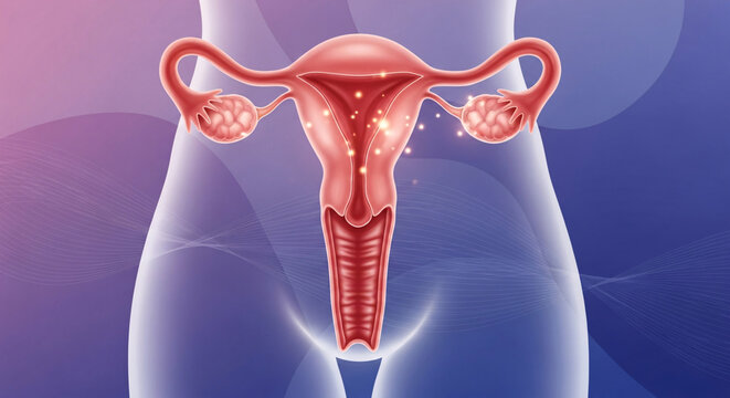Female reproductive anatomy with glowing energy points symbolizing fertility and reproductive health on an abstract background
