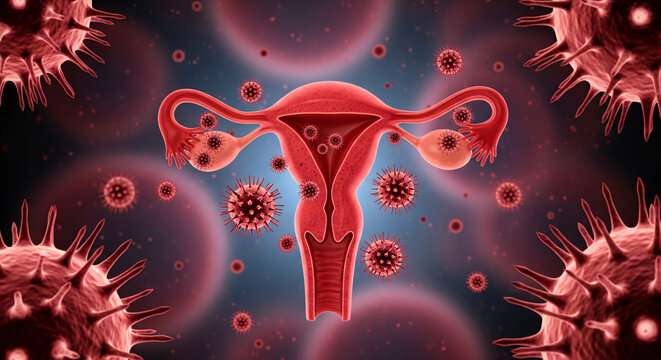 Female reproductive system anatomy with uterus and ovaries surrounded by infectious virus particles