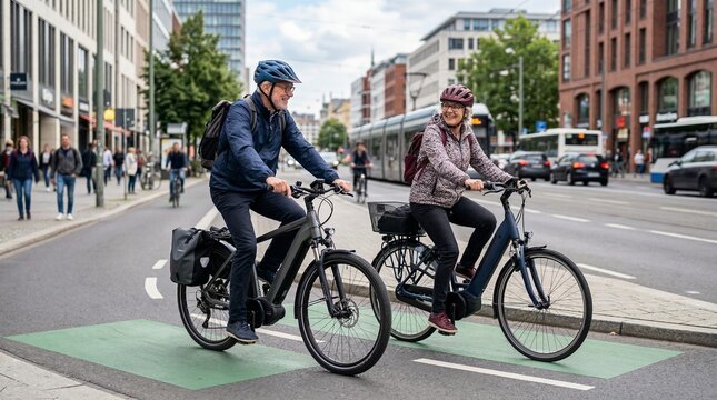 Middle aged man and woman wearing helmets smiling while riding electric bicycles on urban bike lane during daytime in city street
