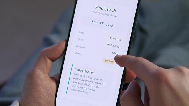 Close-up of user hands checking a traffic fine on a smartphone app. Screen displays unpaid penalty details and payment deadline. Concept of digital debt management, law violation, and electronic fees.