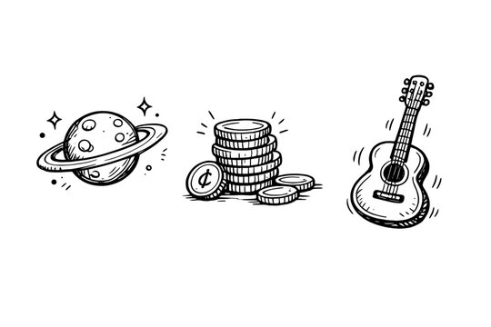 A collection of three hand-drawn black and white illustrations featuring a ringed planet with stars, a stack of coins with a cent symbol, and an acoustic guitar on a black background.