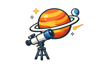 Fototapeta premium A vector illustration of a telescope on a tripod pointing towards a large orange ringed planet, a small blue moon, and a shooting star against a solid black background.