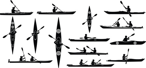 Large Set of Kayaking and Canoeing Silhouettes Featuring Athletes Rowing in Single and Double Kayaks From Side and Top View for Water Sports Design © Creative Minds