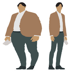 Conceptual fat overweight obese man vs slim fit healthy body after weight loss or diet, white background. A fitness, nutrition or obesity, health care shape illustration vector as silhouettes