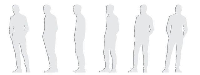 Vector concept or conceptual gray paper cut silhouette of a young man from different perspectives isolated on white background. A metaphor for fashion, relaxation, confidence, leisure and lifestyle