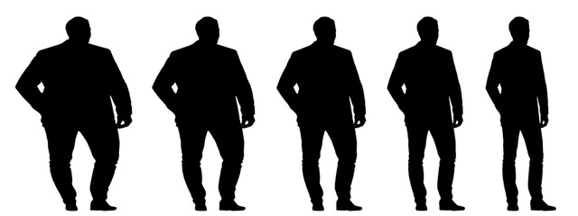 Conceptual fat overweight obese man vs slim fit healthy body after weight loss or diet, white background banner. A fitness, nutrition or obesity, health care shape illustration vector as silhouettes