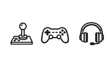 A set of three minimalist line icons representing gaming equipment, including an arcade joystick, a modern gamepad controller, and a headset with a microphone on a black background. © Alan