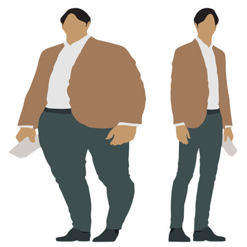 Conceptual fat overweight obese man vs slim fit healthy body after weight loss or diet, white background. A  fitness, nutrition or obesity, health care shape illustration vector as silhouettes