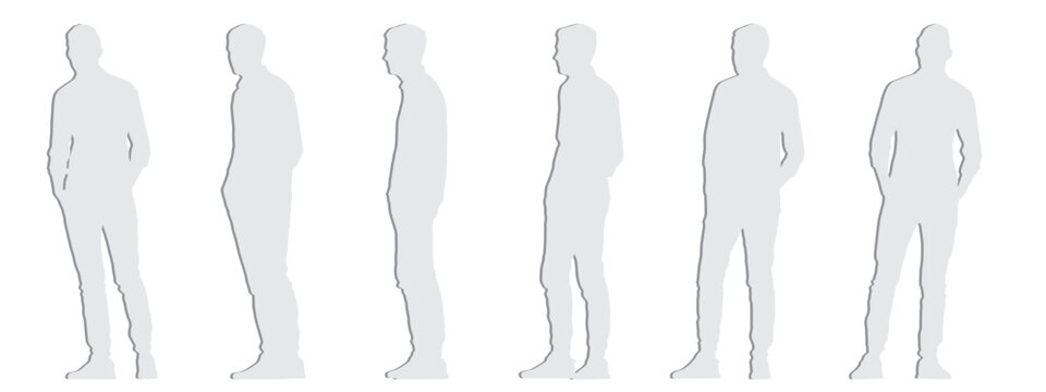 Vector concept or conceptual  gray paper cut silhouette of a young man from different perspectives isolated on white background. A metaphor for fashion, relaxation, confidence, leisure and lifestyle